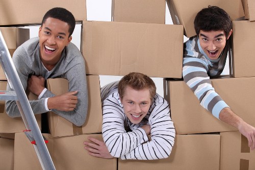 Movers handling boxes and furniture in a Pimlico apartment building