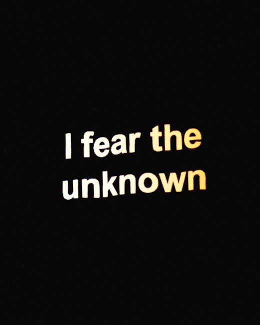 A digital screen displaying the phrase 'I fear the unknown' in bold white and yellow text on a black background. The message is centered, with the words 'I fear the' in white and 'the unknown' in yellow. The image may evoke contemplation related to moving or unfamiliar situations, relevant to house removals and relocation services provided by Pimlico Man and Van, with the text styled in a clean, modern font suitable for online content about packing and home transitions.
