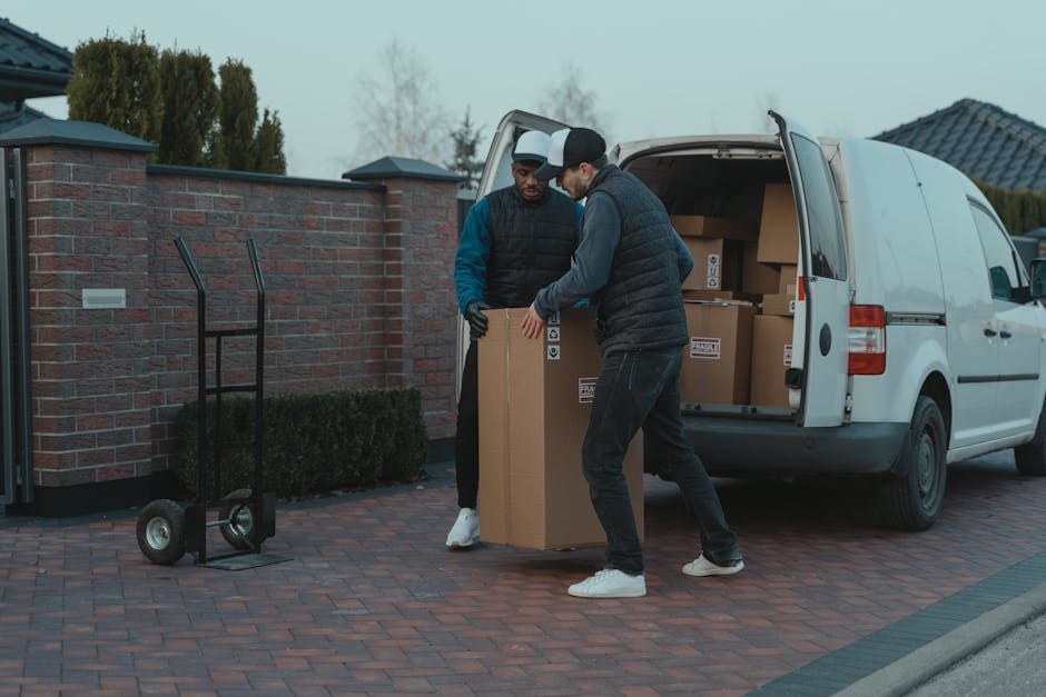A man wearing a baseball cap, glasses, and casual clothing is seen carrying a medium-sized cardboard box with a label on it, as part of the furniture transport process during a home relocation. He is
